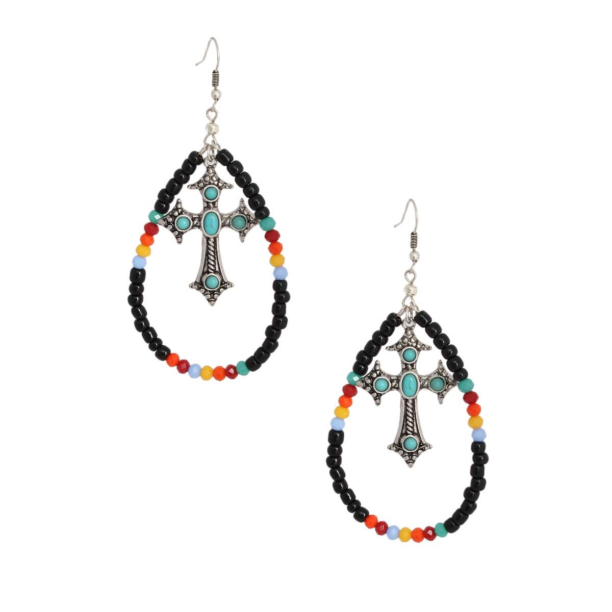 Black Bead Teardrop Cross Earrings