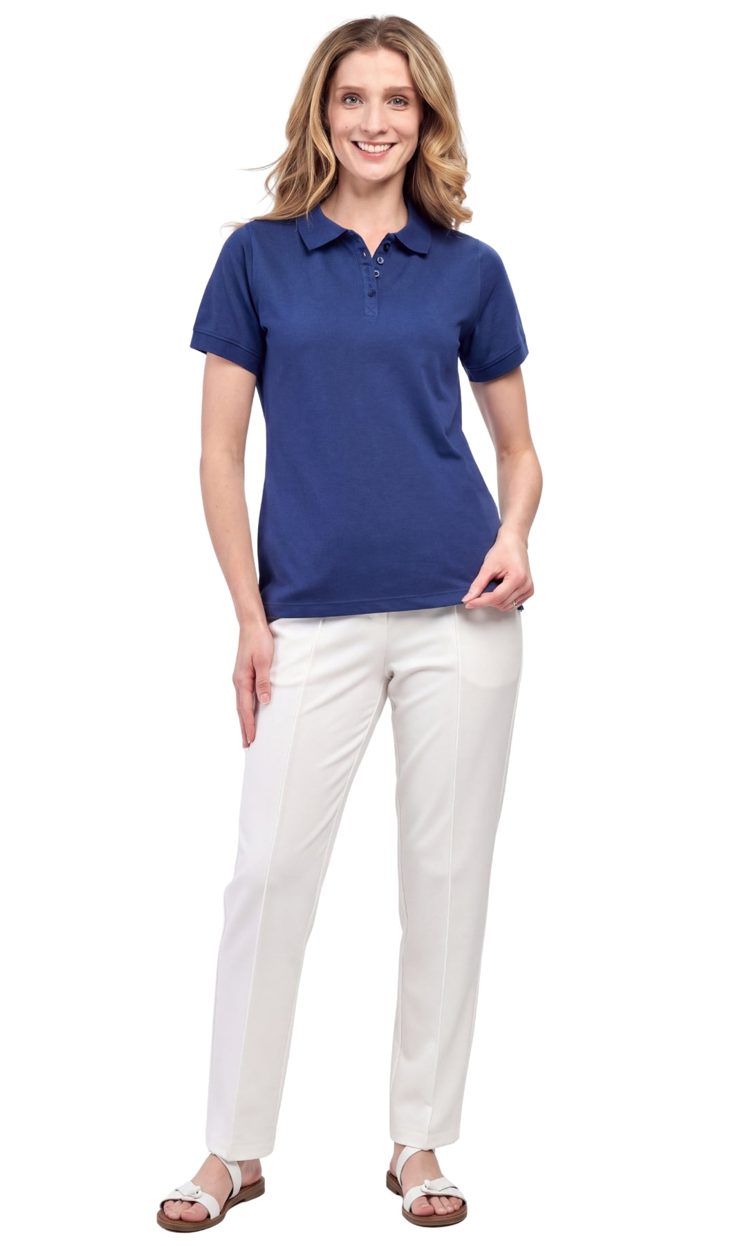 Women's Short Sleeve Pique Knit Polo Shirt in Relaxed Fit Pocketless Jersey