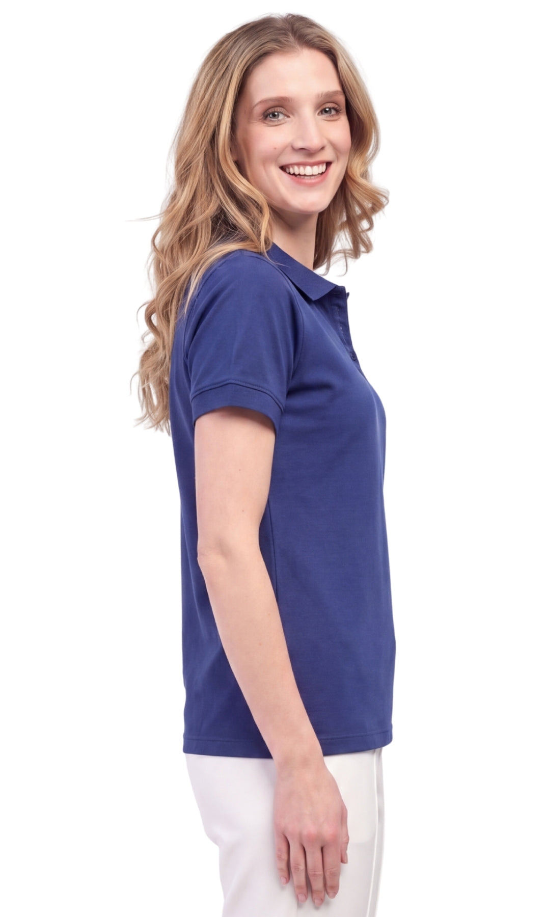 Women's Short Sleeve Pique Knit Polo Shirt in Relaxed Fit Pocketless Jersey