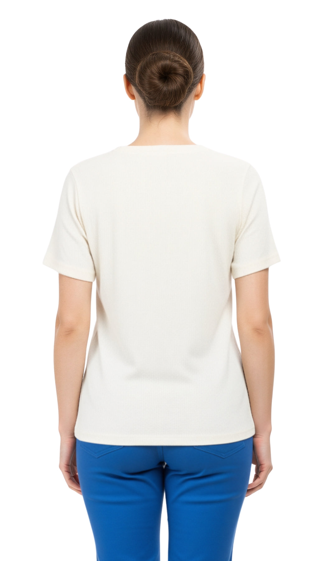 Women's Textured Knit T-shirt with Jewel Neckline and Short Sleeves