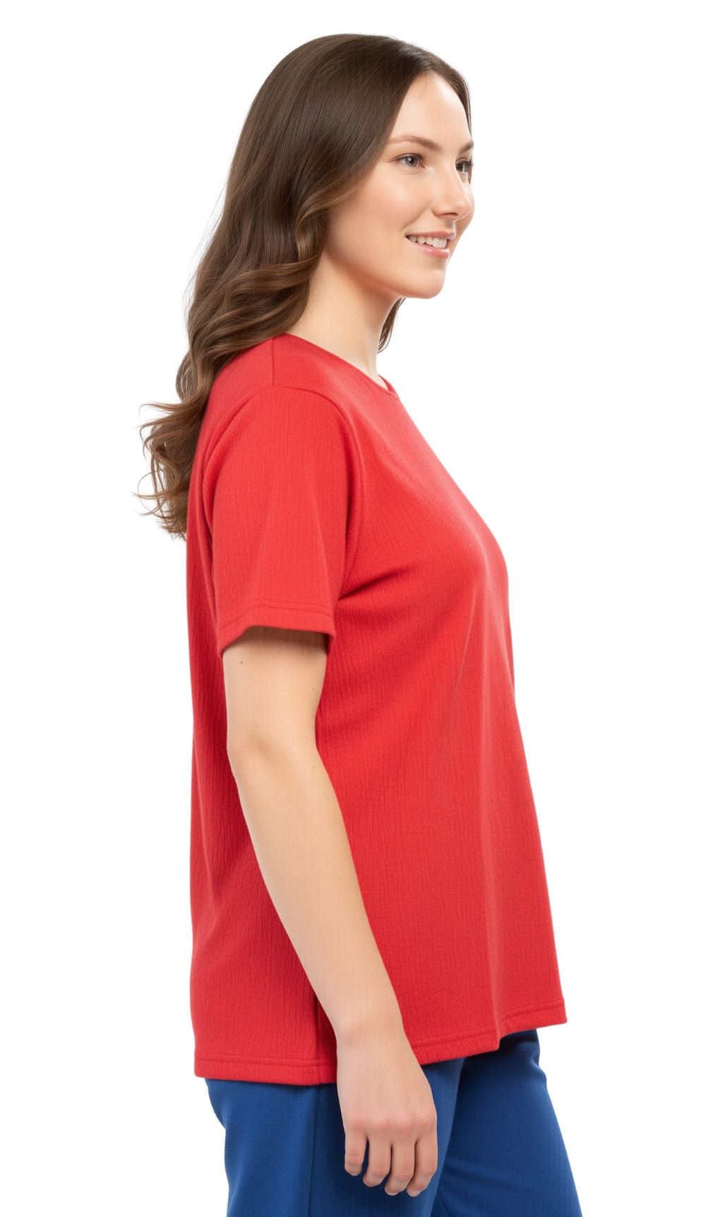 Women's Textured Knit T-shirt with Jewel Neckline and Short Sleeves
