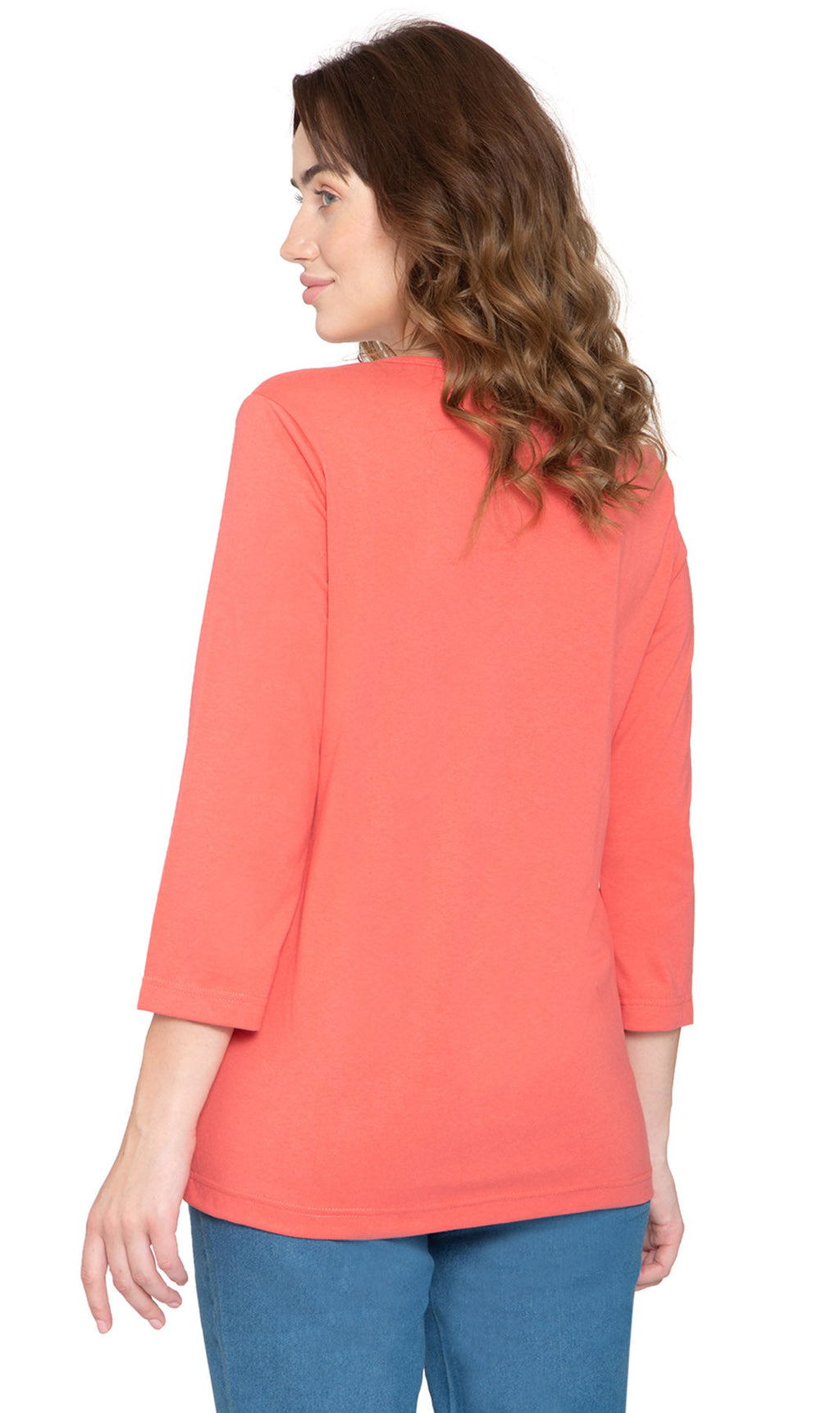 Women's 3/4 sleeves Henley in Cotton Blend with Button Placket