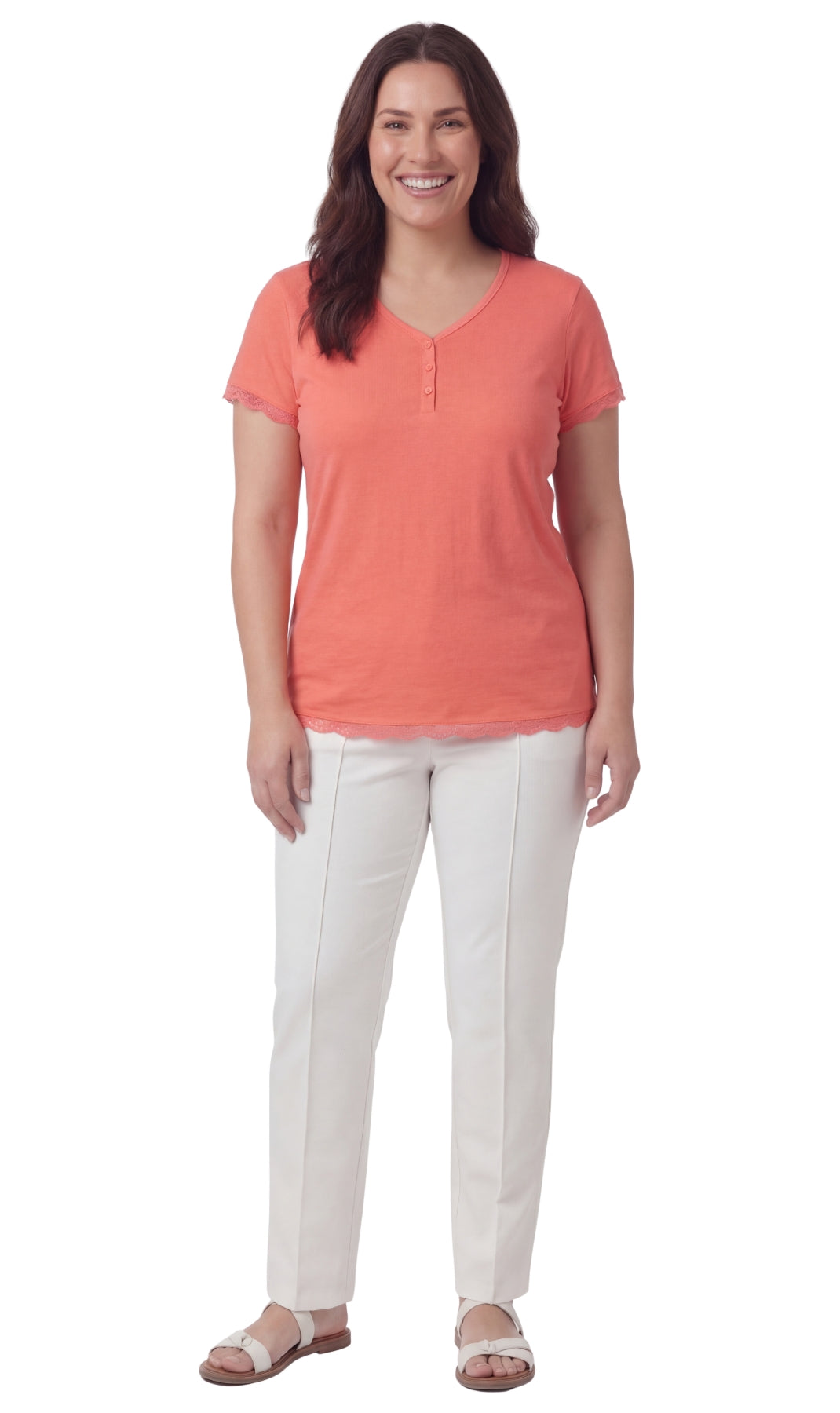 Women's V-neck Short Sleeve Tshirt with A Three Button Placket