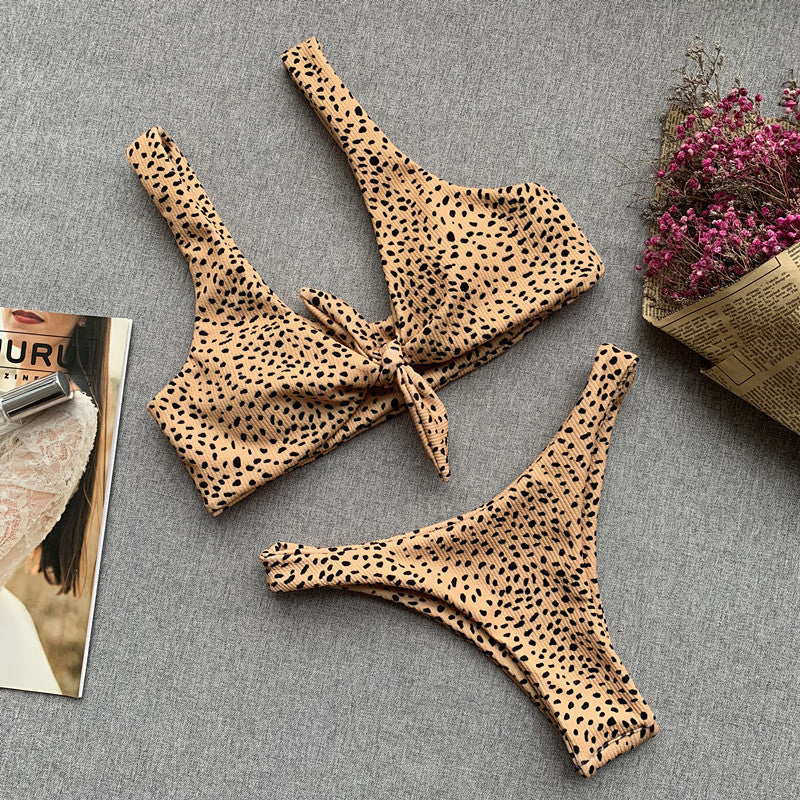 Bow Knotted Polka Dot Leopard Bikini Women High Leg Cut Swimwear Female Ribbed Swimsuit Sexy Brazilian Bathing Suit Swim Lady