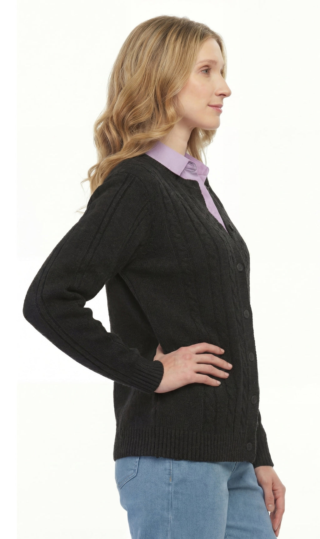 Women's Classic Button Front Cable Knit Cardigan in Soft Acryllic
