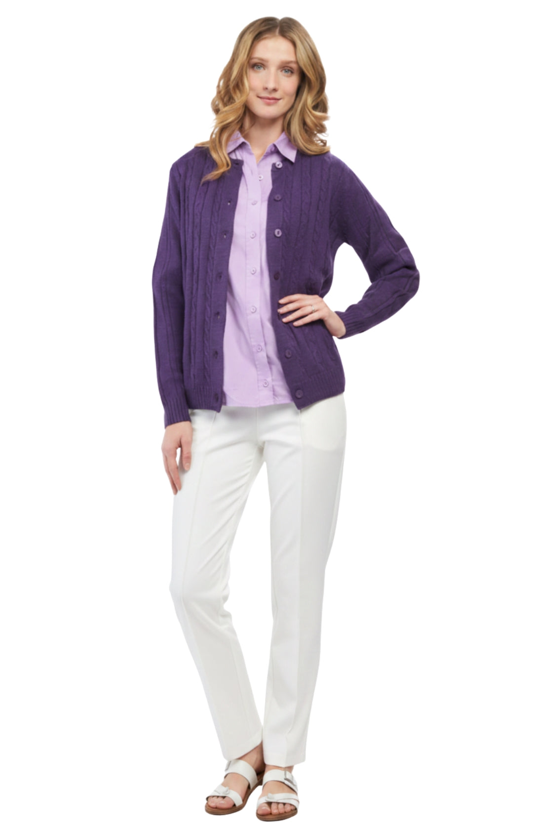 Women's Classic Button Front Cable Knit Cardigan in Soft Acryllic