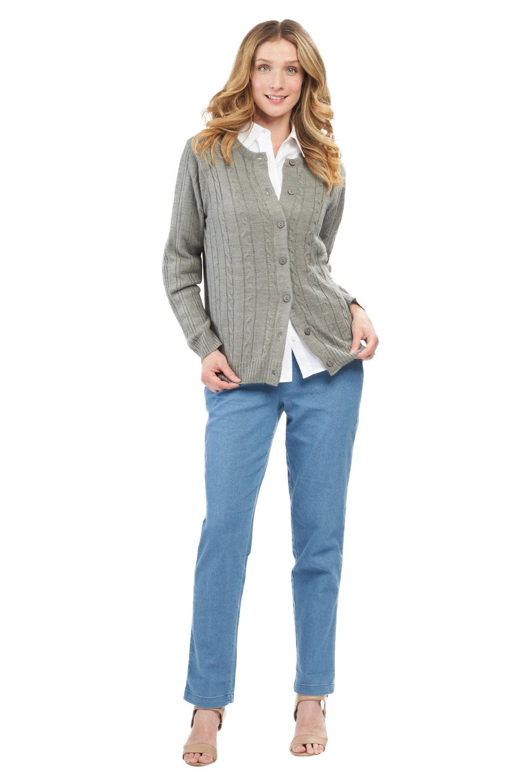 Women's Classic Button Front Cable Knit Cardigan in Soft Acryllic