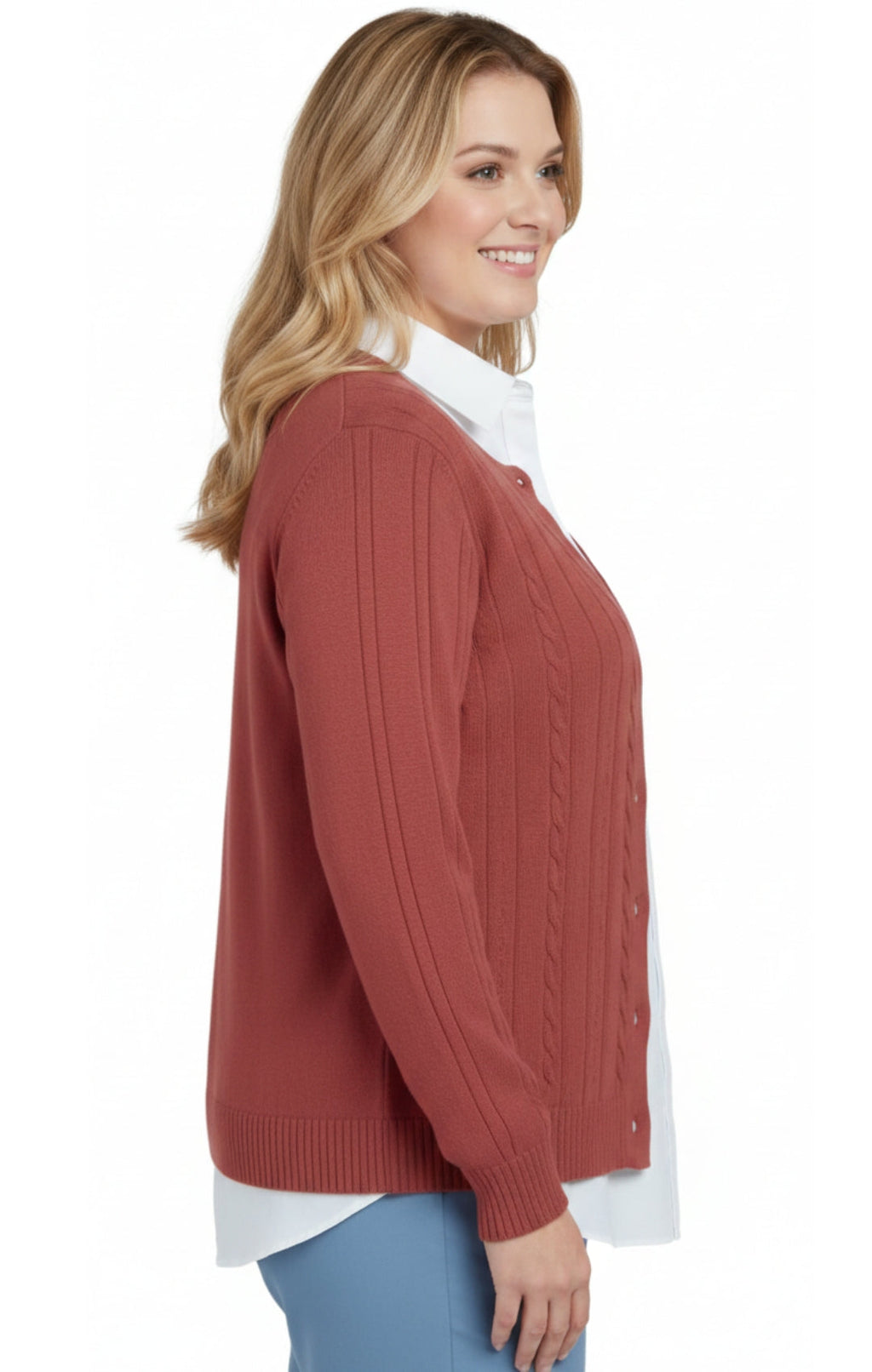 Women's Classic Button Front Cable Knit Cardigan in Soft Acryllic