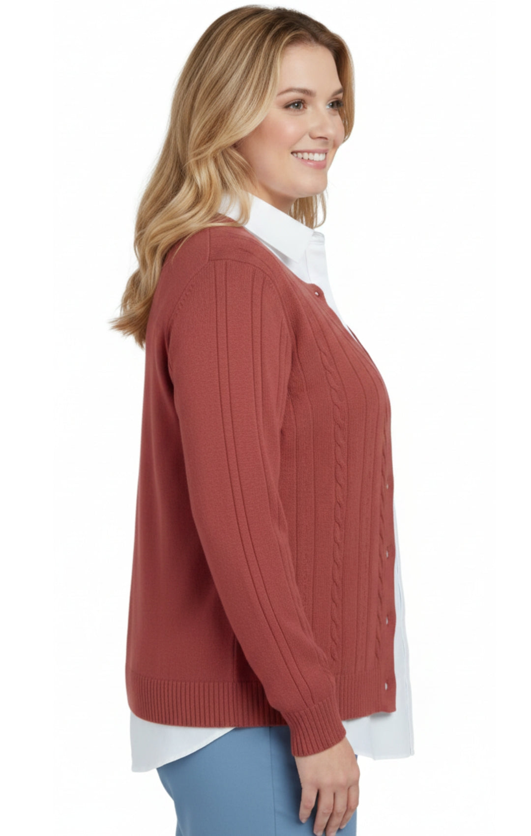 Women's Classic Button Front Cable Knit Cardigan in Soft Acryllic