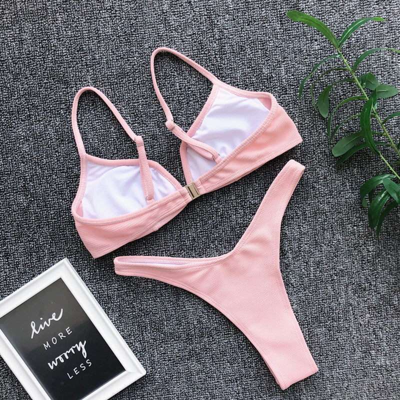 Ribbed V Shape Thong Bikini Women Swimwear Swimsuit Female Two-pieces Bikini set High Cut Bather Bathing Suit Swim Beachwear