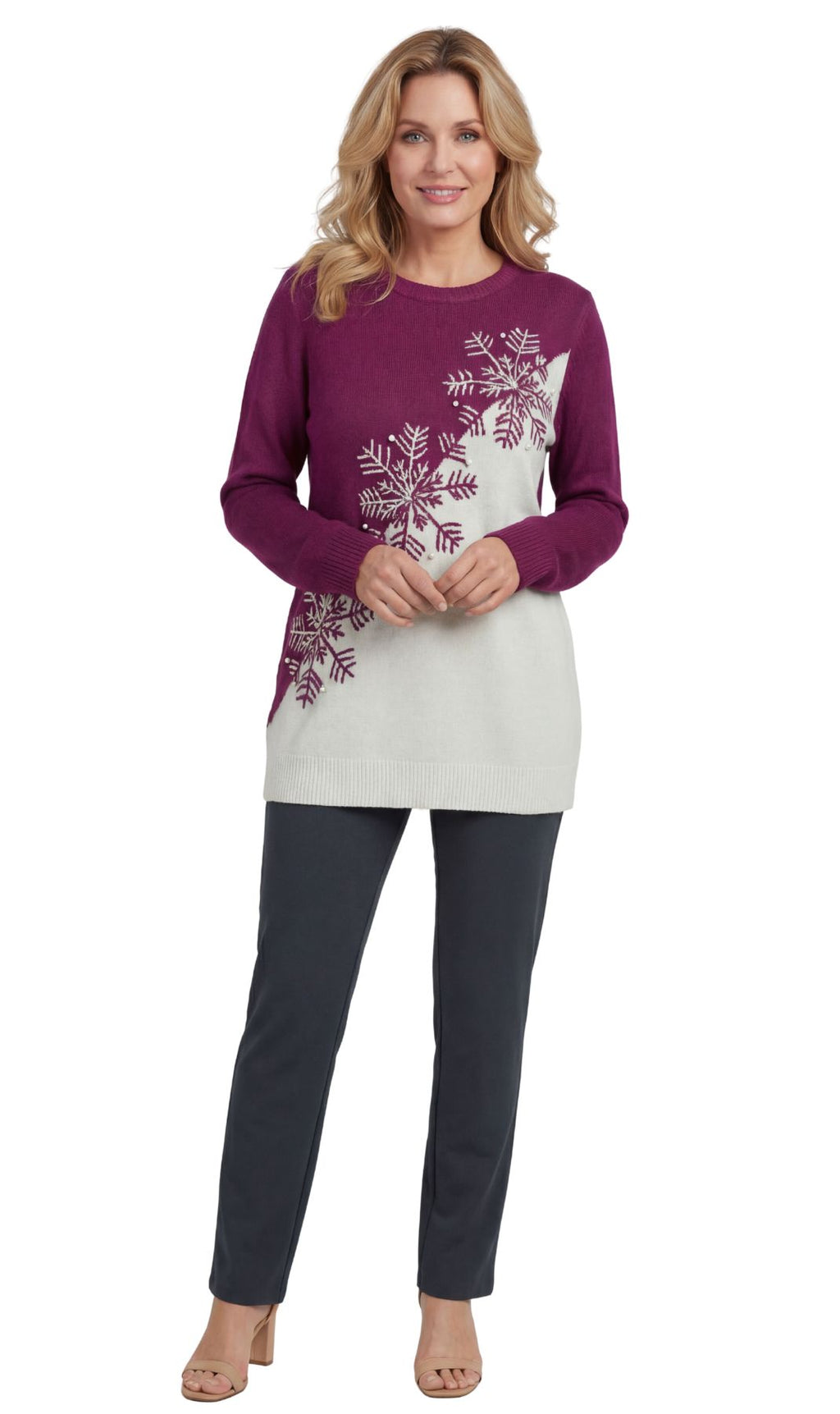 Women's Cozy Long Sleeves Snowflake-Decorated Color Block Holiday Crewneck Sweater - Classy Christmas Pullover in 100% Soft Durable Acrylic
