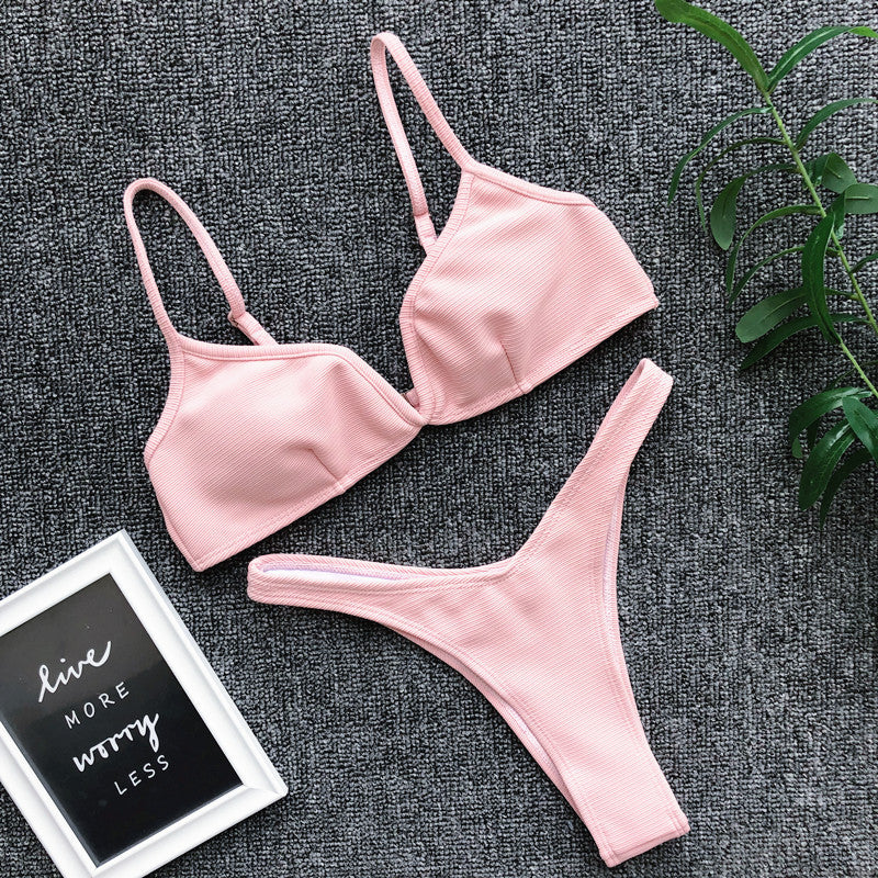 Ribbed V Shape Thong Bikini Women Swimwear Swimsuit Female Two-pieces Bikini set High Cut Bather Bathing Suit Swim Beachwear