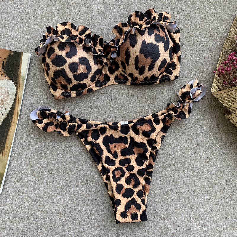 Sexy Leopard Ruffled Bra Cup Bikini 2025 Women Bandeau Swimsuit Female Swimwear Two Pieces Bikini Set High Cut Bathing Suit Swim