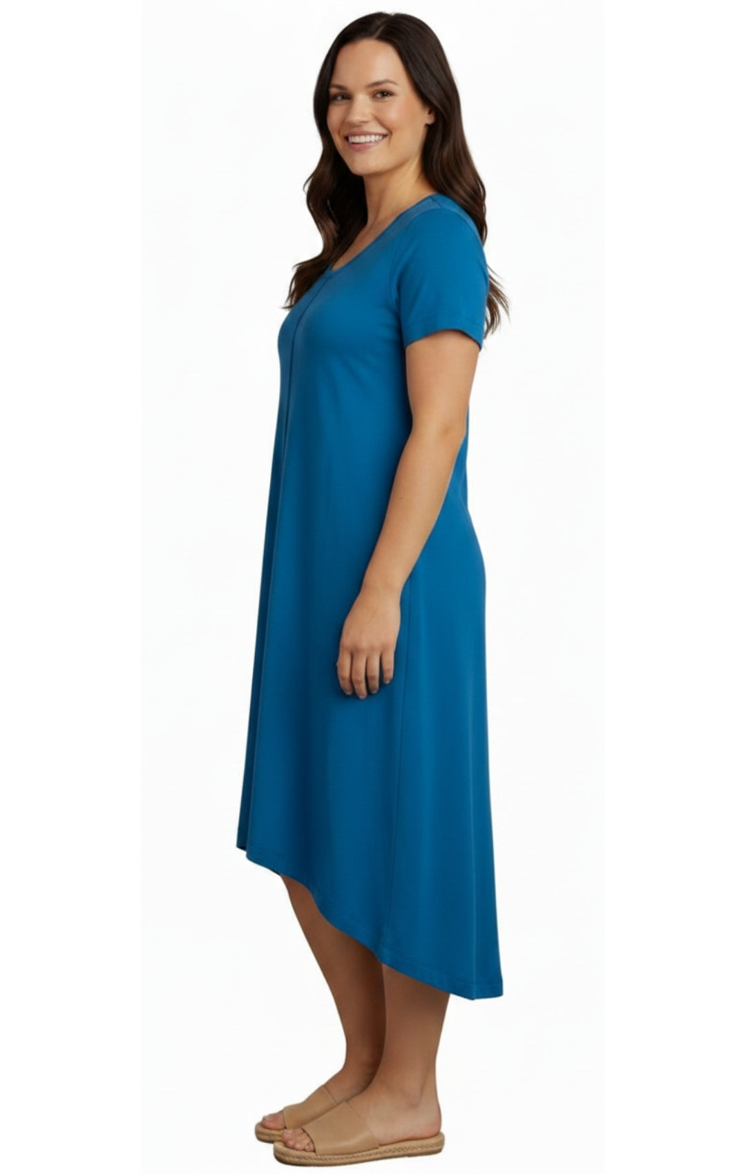 Women's Knit Wide Scoop Neck Short Sleeve Dress in A-line Asymmetrical Hem