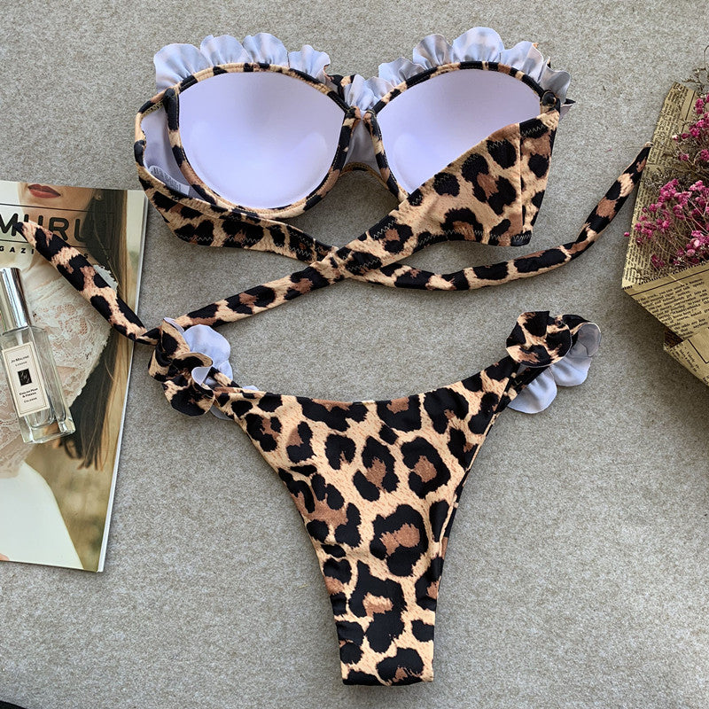 Sexy Leopard Ruffled Bra Cup Bikini 2025 Women Bandeau Swimsuit Female Swimwear Two Pieces Bikini Set High Cut Bathing Suit Swim