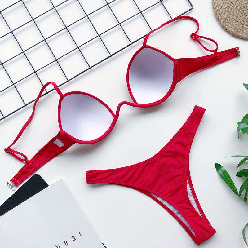 Sexy V-bar Underwired Bra Cup Thong Bikini 2025 Women Swimwear Female Swimsuit Two-pieces Bikini Set High Cut Bathing Suit Swim