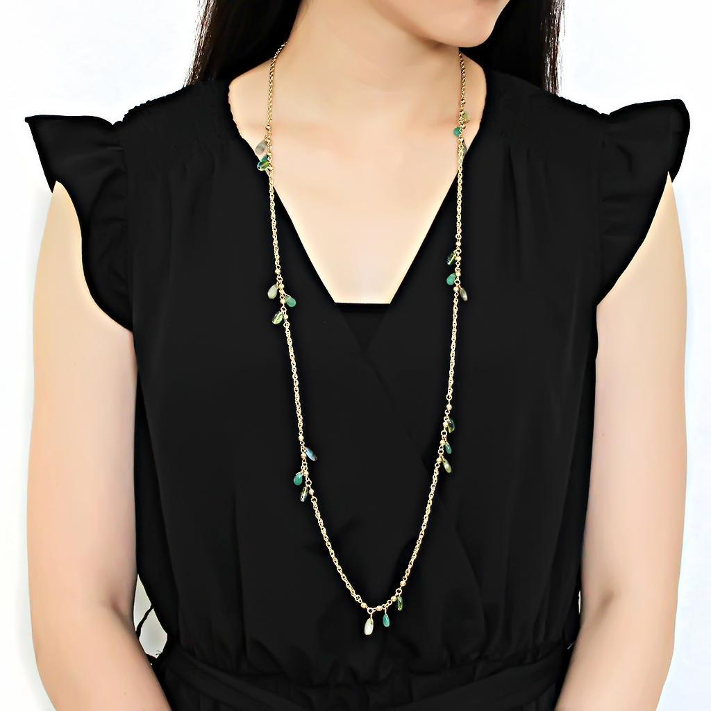 3W1537 - Gold Brass Necklace with Synthetic Jade in Emerald