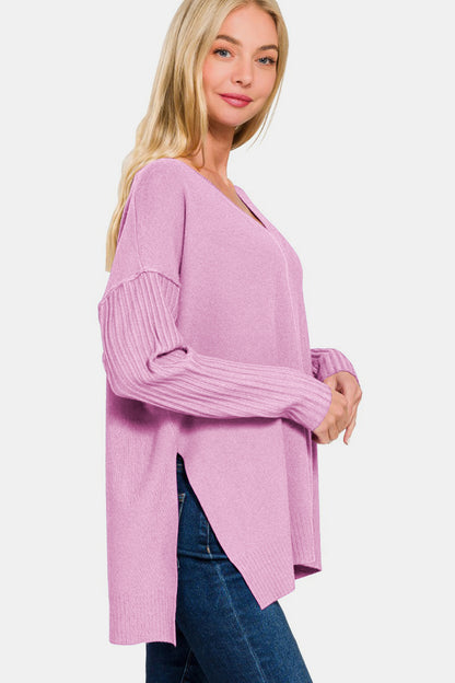 Zenana V-Neck Side Slit High-Low Sweater