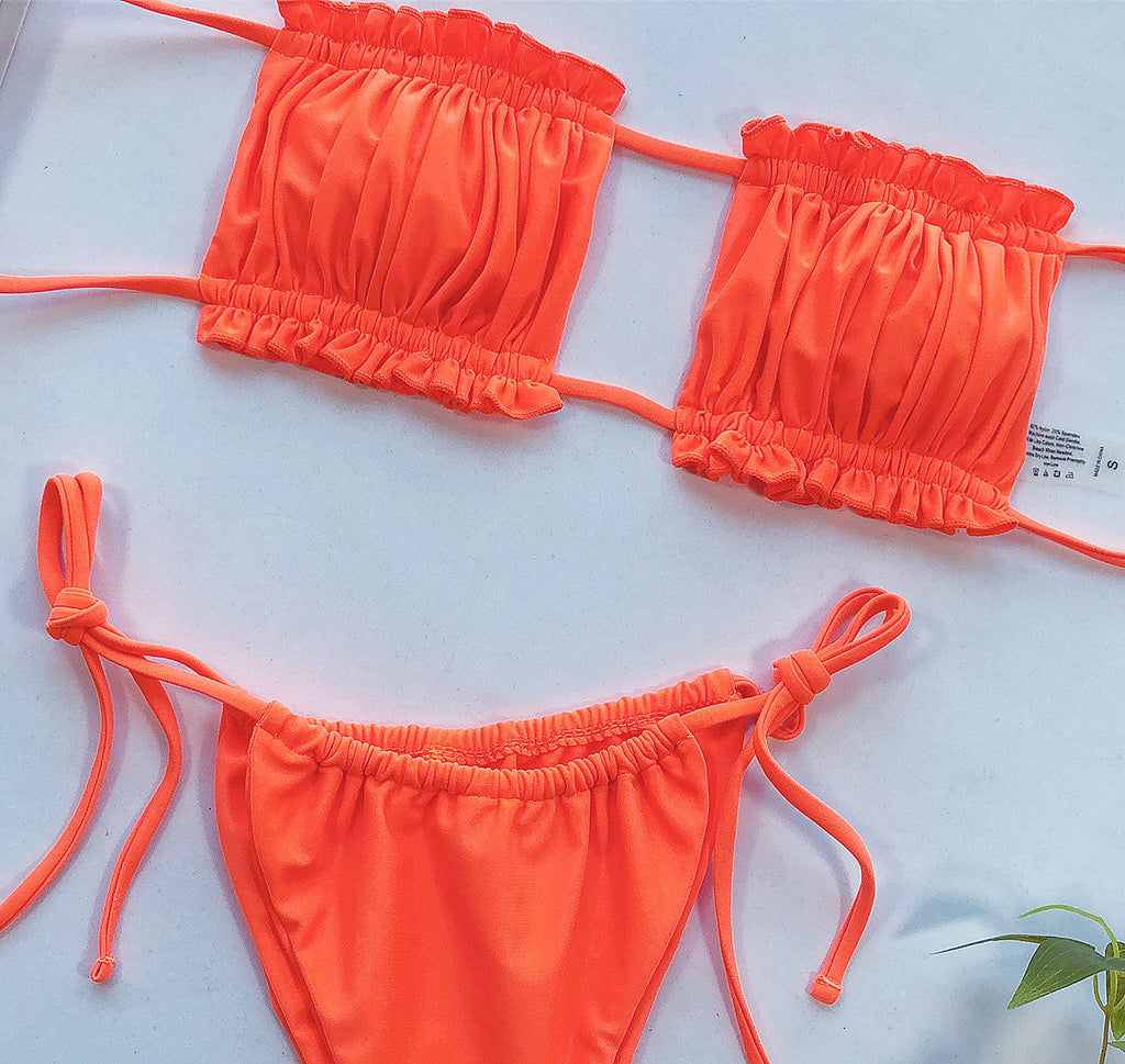 Tie Dye Pleated Ruffled Bikinis Bandeau Bikini Women Swimsuit Female Swimwear Two-pieces Bikini Set Hollow Out Bathing Suit Swim