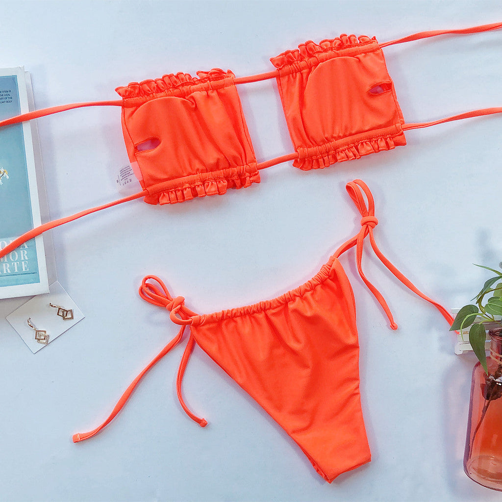 Tie Dye Pleated Ruffled Bikinis Bandeau Bikini Women Swimsuit Female Swimwear Two-pieces Bikini Set Hollow Out Bathing Suit Swim