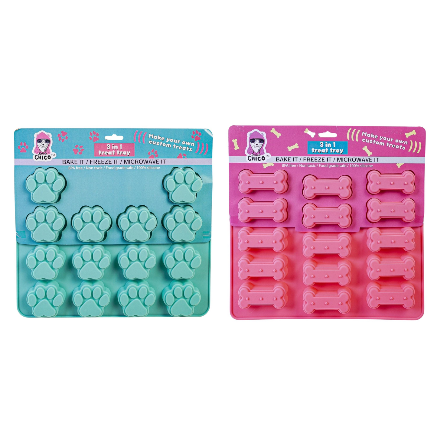 Set of 2 Pet Treat Baking Tray- Freeze, Bake, Microwave (Bones & Paws)