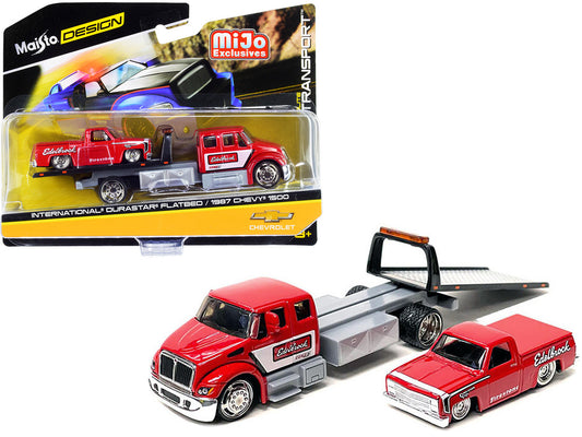 International DuraStar Flatbed Truck and 1987 Chevrolet 1500 Pickup Truck with Bed Cover Red with Graphics "Edelbrock" "Elite Transport" Series 1/64 Diecast Models by Maisto-0
