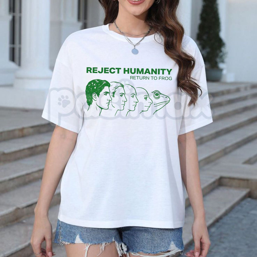 "Reject Humanity Return to Frog" Evolution T-Shirt - Funny Ironic Meme Graphic Tee, Absurdist Frog Lover Gift Shirt, Sarcastic Internet Culture Apparel