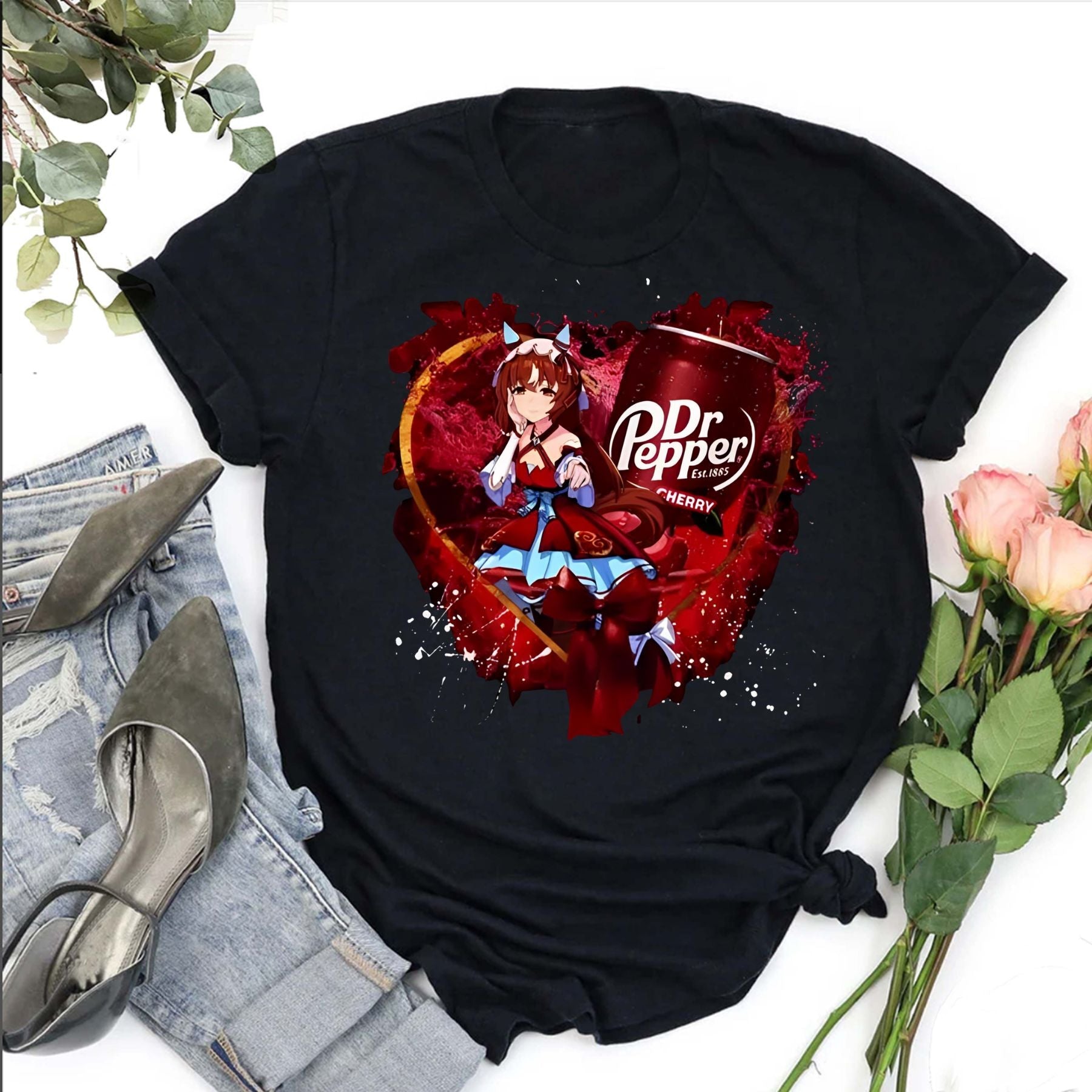 Uma Musume x Dr. Pepper T-Shirt - Anime Maid & Soda Print Tee, Cute Crossover Shirt