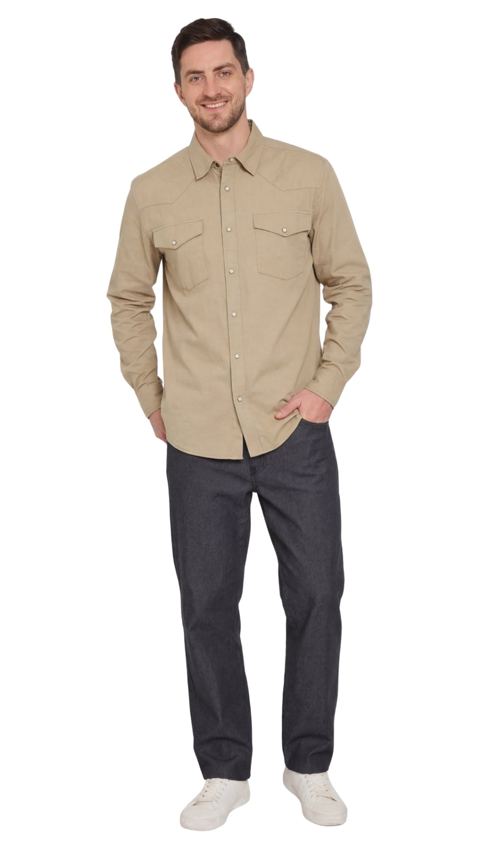 Mens Western Snap Front Button Shirt in Denim and Twill with a Stitched Yoke and Chest Pockets