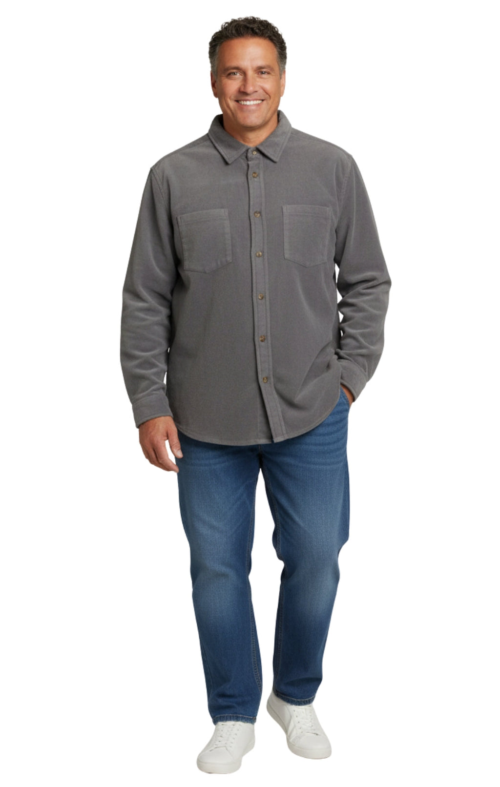 Men's Heathered Fleece Overshirt with Chest Pockets and Tortoise-shell patterned Buttons