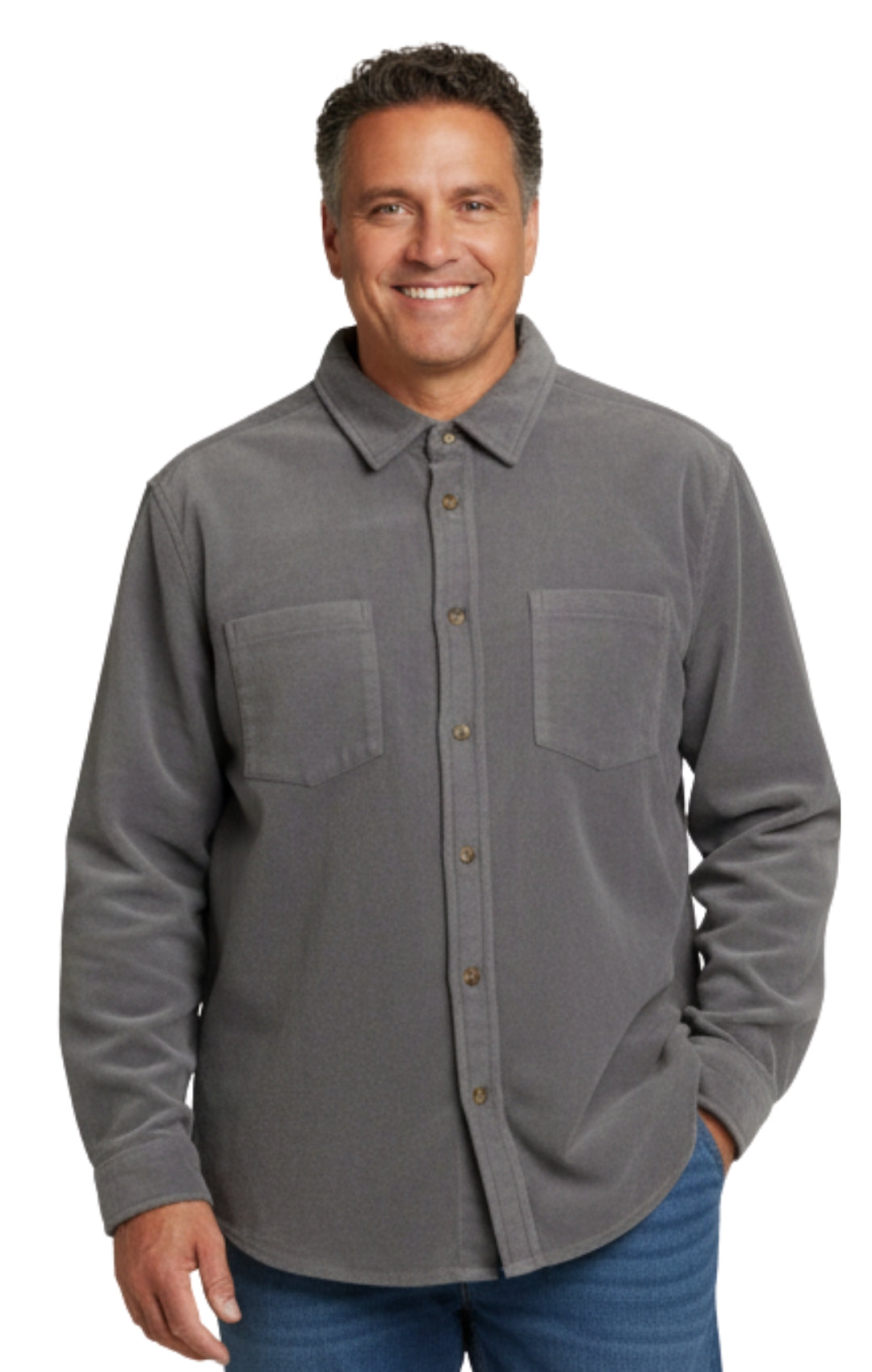 Men's Heathered Fleece Overshirt with Chest Pockets and Tortoise-shell patterned Buttons