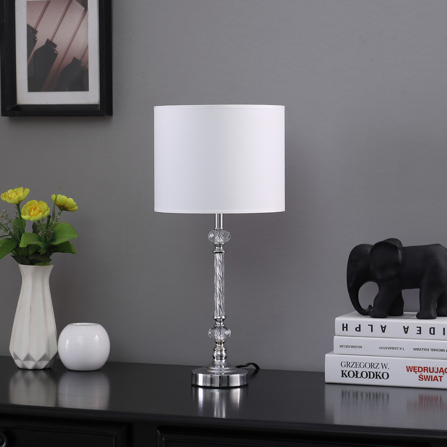 "19"" Silver Table Lamp With White Drum Shade"