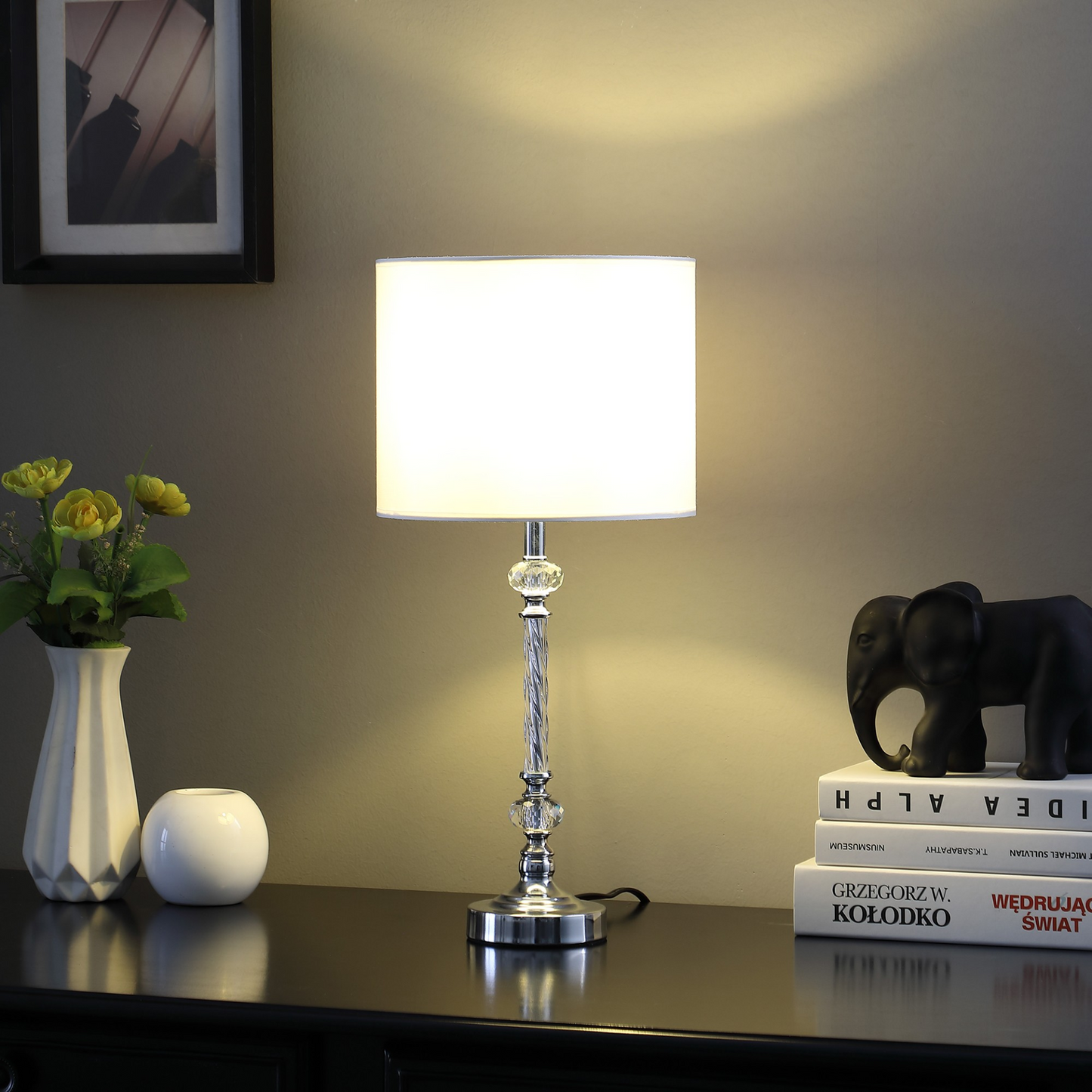 "19"" Silver Table Lamp With White Drum Shade"