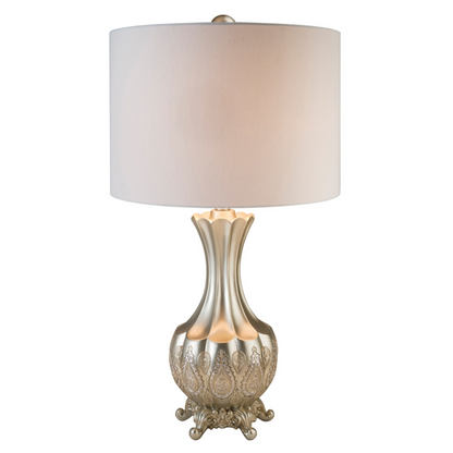 "Elegant Silver Table Lamp With White Linen Lamp Shade"