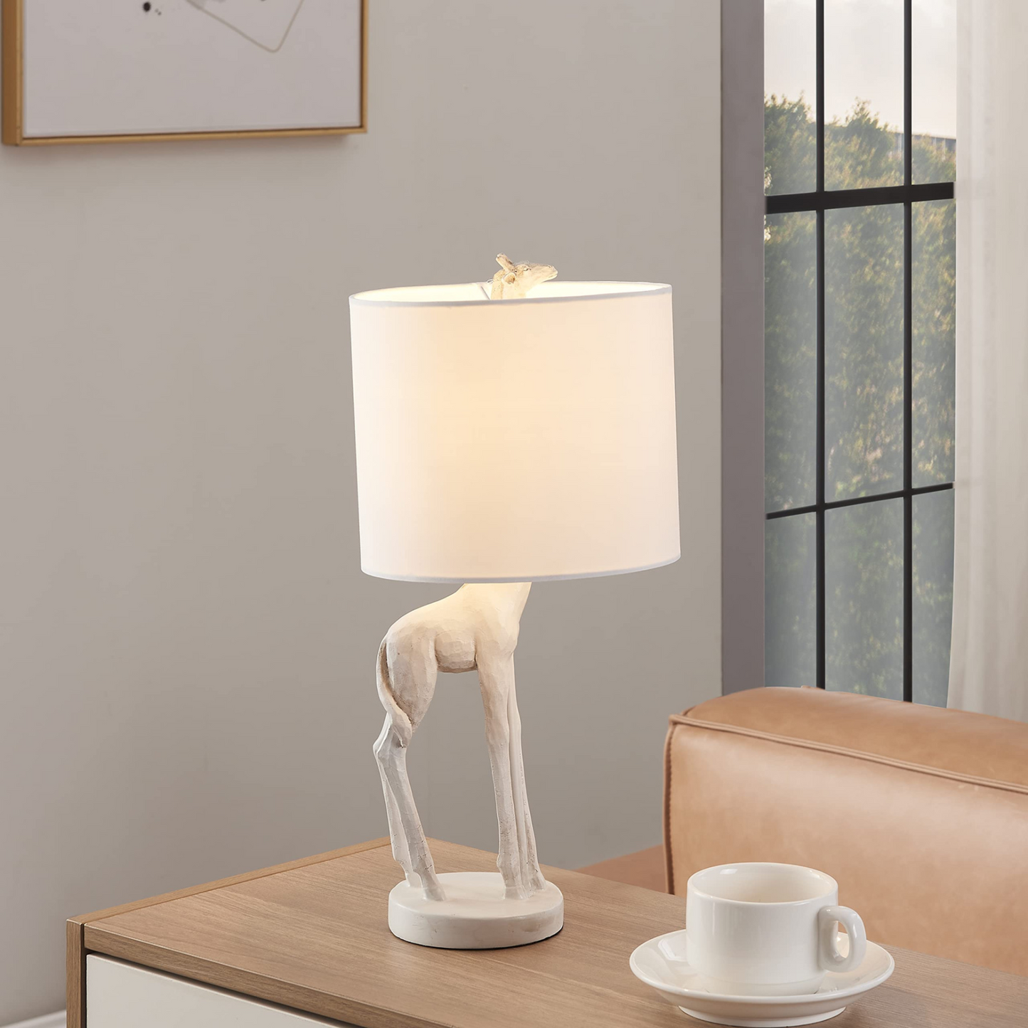 "17"" White Textured Giraffe Table Lamp With White Drum Shade"