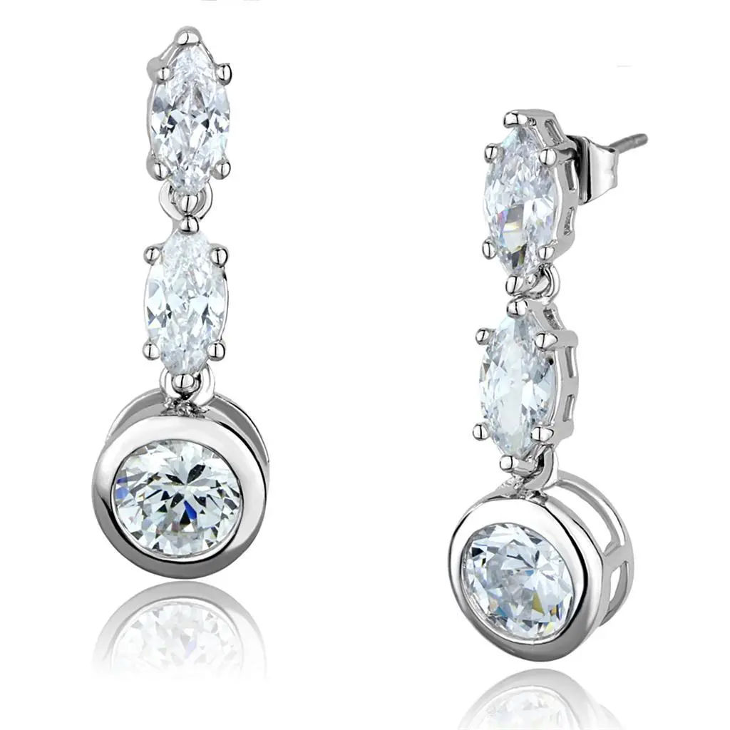 3W1060 - Rhodium Brass Earrings with AAA Grade CZ  in Clear