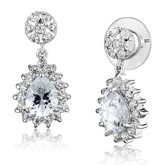 3W1292 - Rhodium Brass Earrings with AAA Grade CZ  in Clear