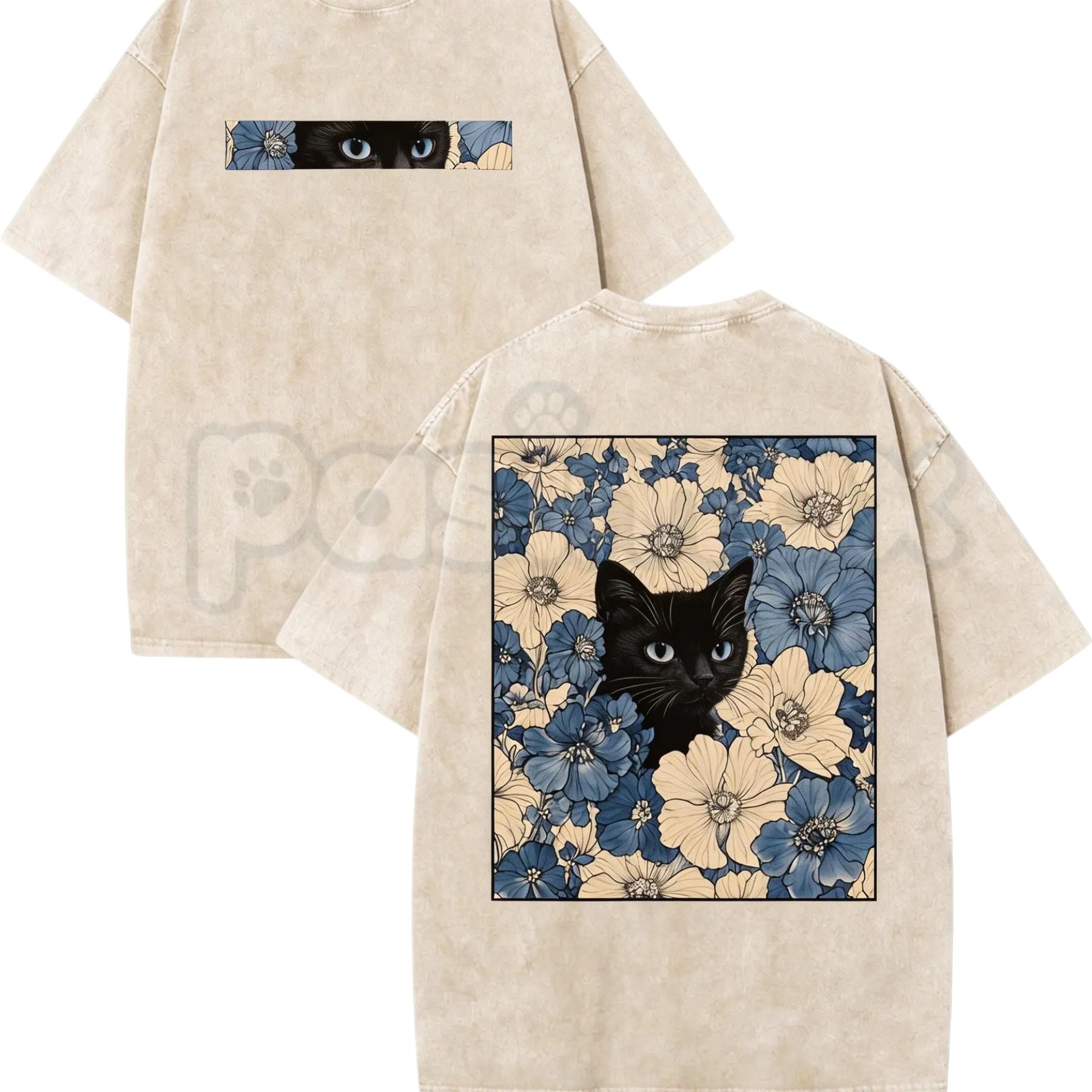 Cat in the Flowers Double-Sided T-Shirt – Retro Washed Botanical Kitten Graphic Tee, Vintage Aesthetic Lightweight Cotton Cat Mom Top