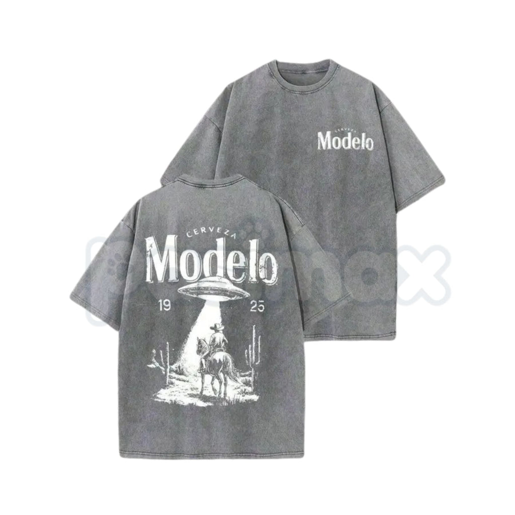Modelo UFO Cowboy Graphic T-Shirt – Vintage Washed Alien Western Tee, Lightweight Retro Cotton Beer Streetwear