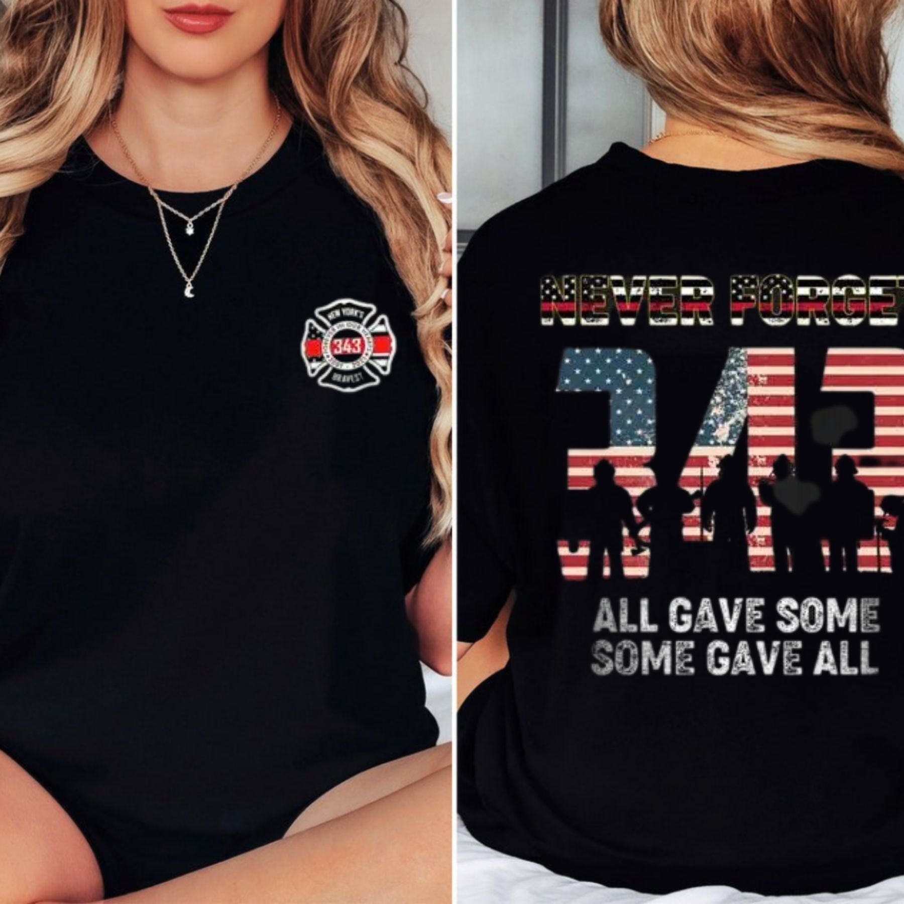 "Never Forget 343" Firefighter T-Shirt - 9/11 Memorial American Flag Tribute Tee, Honoring Heroes Apparel