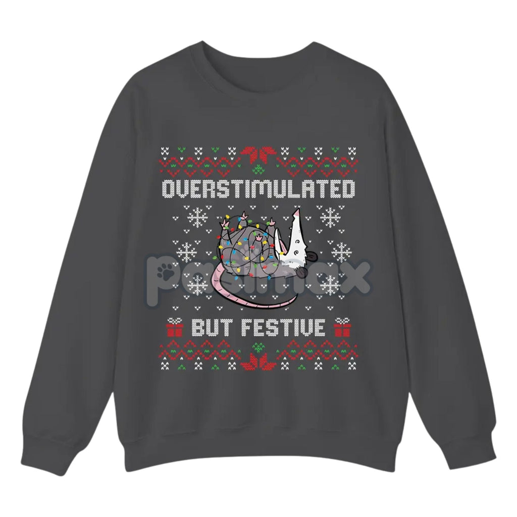 Funny Opossum Christmas Sweatshirt – "Overstimulated But Festive" Ugly Holiday Top
