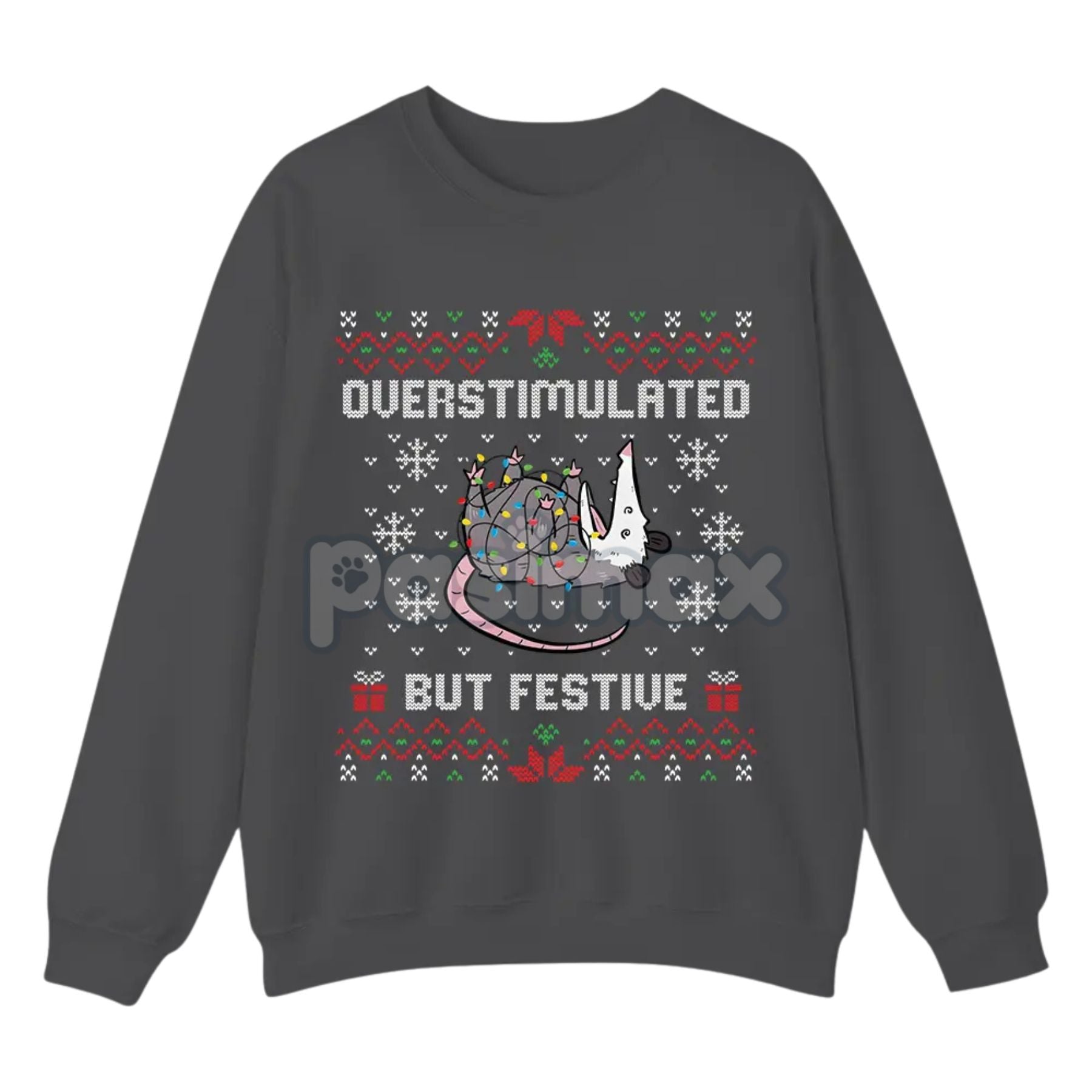 Funny Opossum Christmas Sweatshirt – "Overstimulated But Festive" Ugly Holiday Top