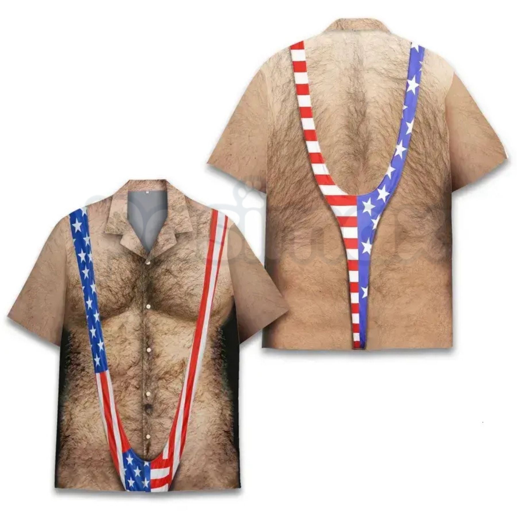 American Flag Funny Hawaiian Shirt – Patriotic Chest Hair Illusion Aloha Shirt for Men, 4th of July Button Up