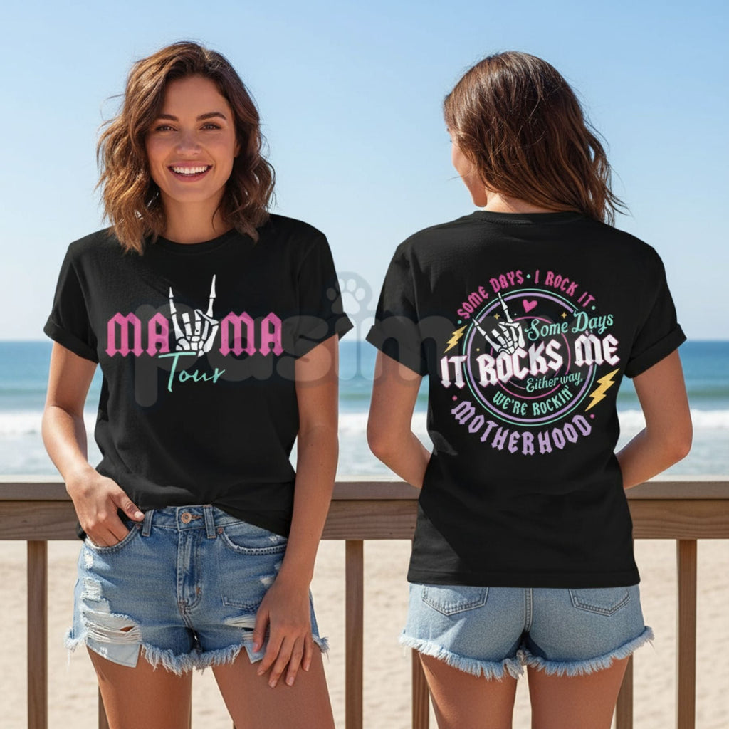"Mama Tour: It Rocks Me" Graphic T-Shirt – Retro Music-Inspired Motherhood Tee, Premium 100% Cotton Concert Aesthetic Top, Soft Lived-In Heavyweight Rock n' Roll Mom Shirt, Made in USA