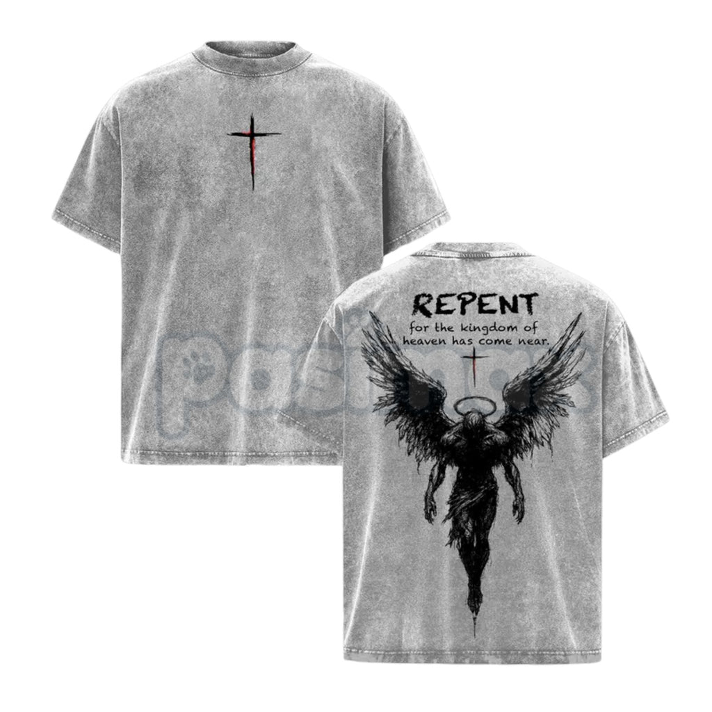 The Kingdom Mandate: Repent Vintage Washed Tee – Heavy Cotton Christian Streetwear, Gospel Angel Wings Shirt