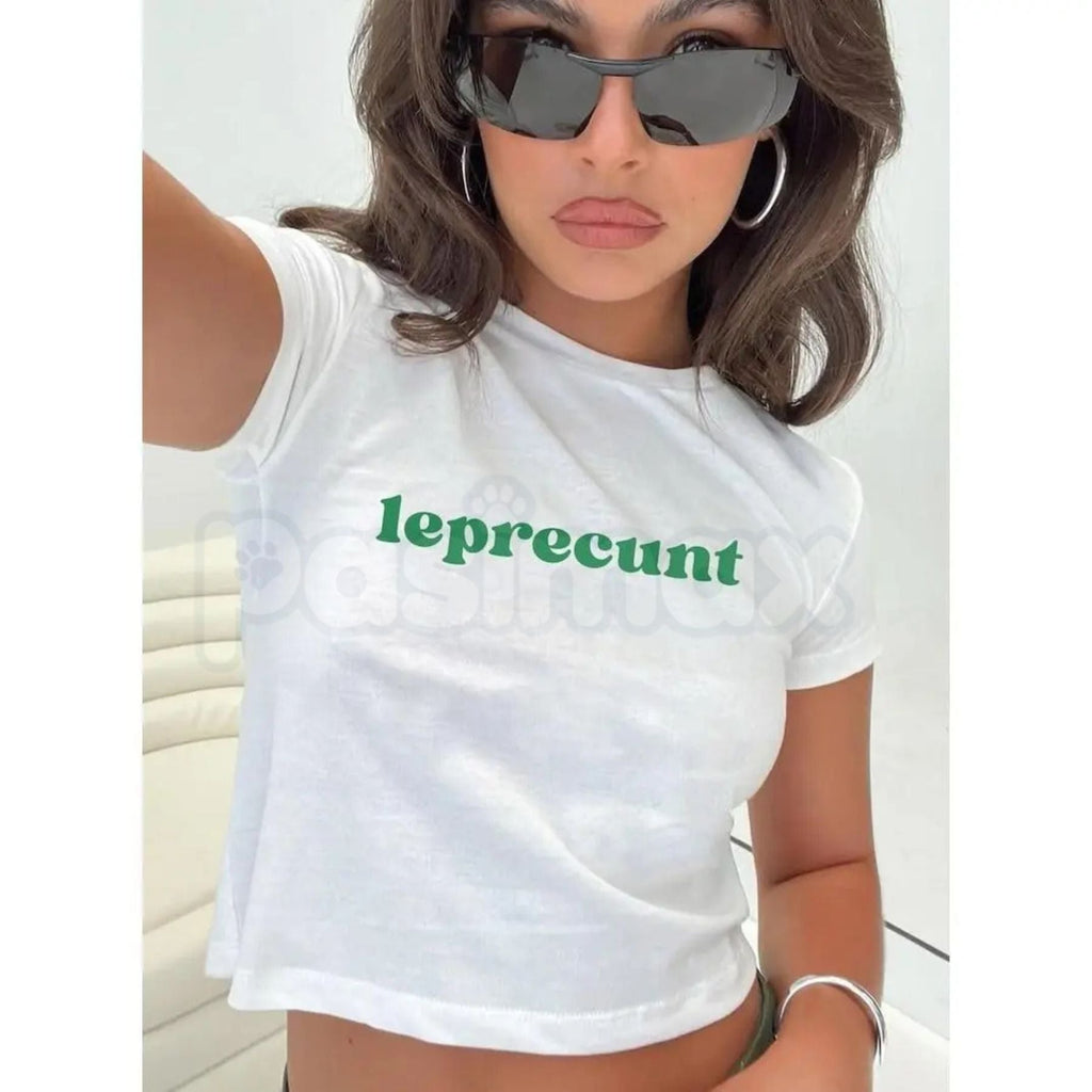 "Leprecunt" St. Patrick's Day Baby Tee - Funny Sassy Irish Graphic Crop Top, Y2K Aesthetic St. Paddy's Shirt, Premium 100% Cotton Lucky Charm Tee, Cheeky Holiday Streetwear, Trendy Green Leprechaun Inspired Top