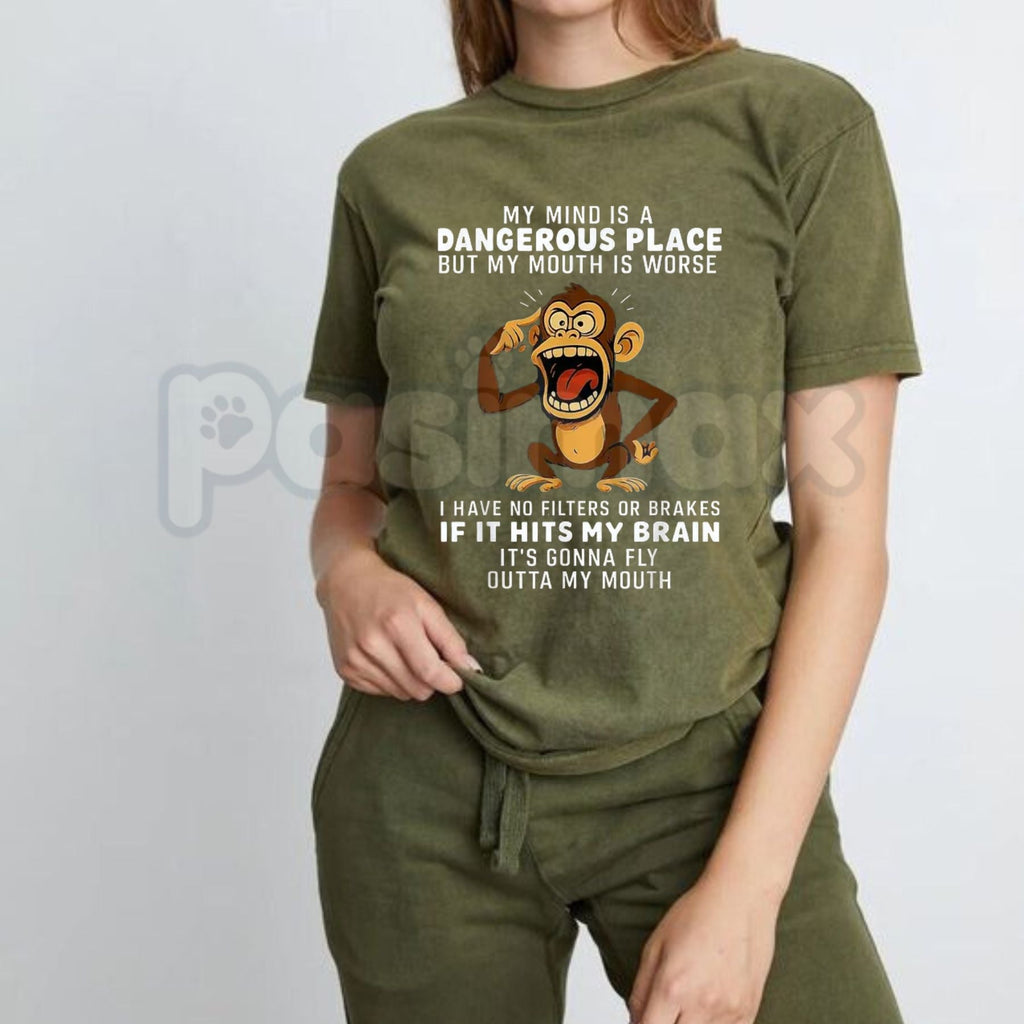 "My Mind Is a Dangerous Place" Slogan T-Shirt – Deep Thinker Edgy Graphic Tee, Premium 100% Cotton Philosophical Quote Top, Soft Lived-In Heavyweight Introvert Statement Shirt, Made in USA