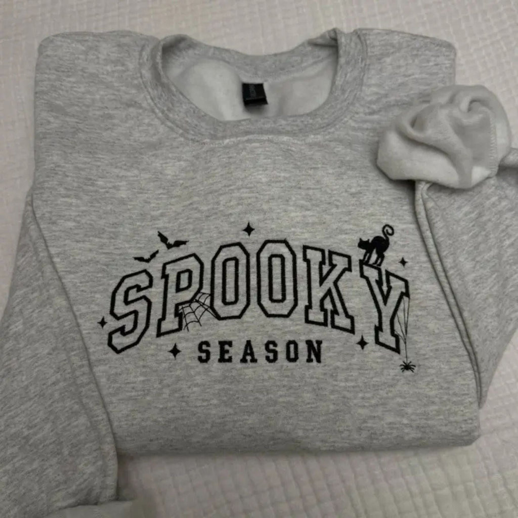 Spooky Season Halloween Cat Bats Spiderweb Embroidered Spooky Season Sweatshirt