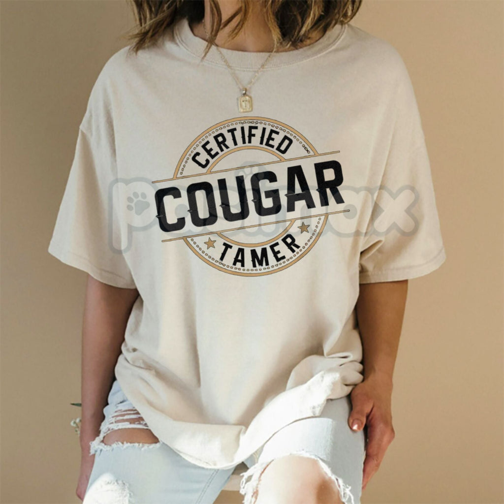 "Certified Cougar Tamer" Funny Men's T-Shirt - Humorous Cougar Costume Graphic Tee, Premium 100% Cotton Sarcastic Men's Gift, Witty Adult Humor Bachelor Party Top, Soft Lived-In Heavyweight Casual Apparel, Funny Pick-Up Artist Statement Shirt