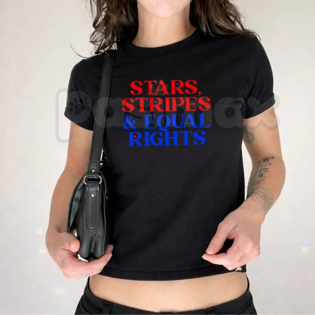 "Stars Stripes and Human Rights" Retro Baby Tee – Funny 90s Style 4th of July Social Justice Fitted Crop Graphic T-Shirt